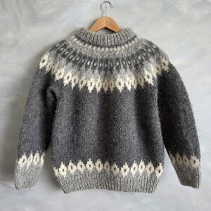 Gray Ivory Nordic Wool Mohair Blend Thick Sweater Mock Stand Collar OS Unisex